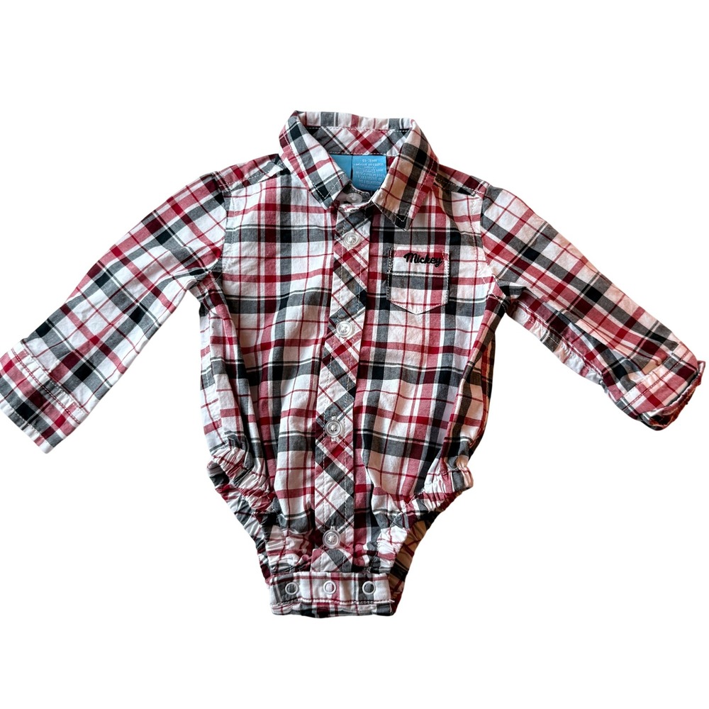 Disney Mickey Mouse Baby Bodysuit 0-3M Red Plaid Collared Preppy Holiday